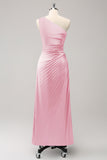 Pink One Shoulder Satin Keyhole Long Bridsmaid Dress