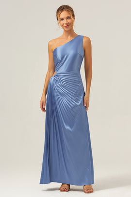 Blue One Shoulder Satin A-Line Long Bridsmaid Dress