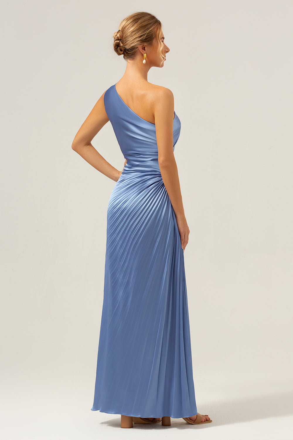 Blue One Shoulder Satin A-Line Long Bridsmaid Dress