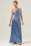 Blue One Shoulder Satin A-Line Long Bridsmaid Dress