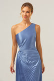 Blue One Shoulder Satin A-Line Long Bridsmaid Dress