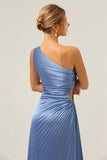 Blue One Shoulder Satin A-Line Long Bridsmaid Dress