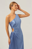 Blue One Shoulder Satin A-Line Long Bridsmaid Dress