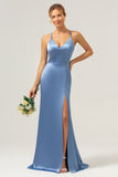 Blue Mermaid V-Neck Satin Bridesmaid Dress with Slit