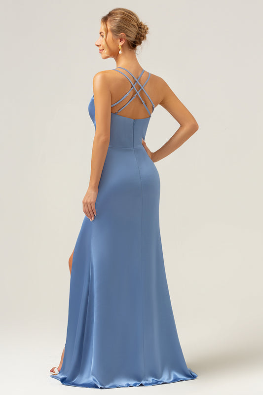 Blue Mermaid V-Neck Satin Bridesmaid Dress with Slit