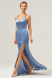 Blue Mermaid V-Neck Satin Bridesmaid Dress with Slit