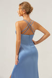 Blue Mermaid V-Neck Satin Bridesmaid Dress with Slit