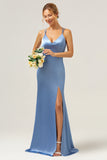 Blue Mermaid V-Neck Satin Bridesmaid Dress with Slit