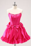 Fuchsia A Line Short Strapless Corset Homecoming Dress With Bows