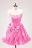 Fuchsia A Line Short Strapless Corset Homecoming Dress With Bows