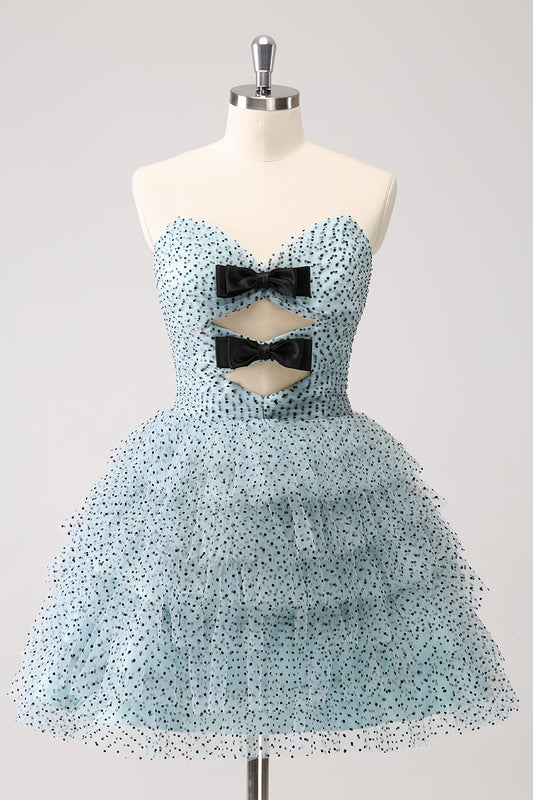 Blue A Line Tiered Dotted Strapless Homecoming Dress with Bows