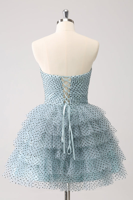 Blue A Line Tiered Dotted Strapless Homecoming Dress with Bows
