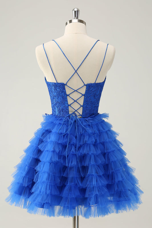 Blue A Line Spaghetti Straps Tulle Cute Homecoming Dress with Ruffles
