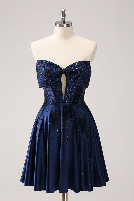 Sparkly Navy Beaded Corset Hollow Out Short Homecoming Dress With Bow