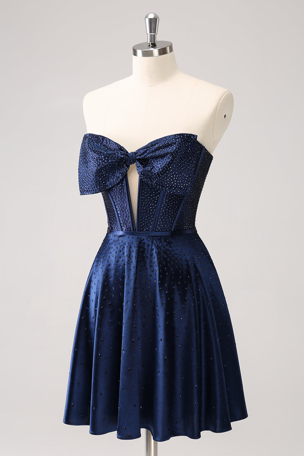 Sparkly Navy Beaded Corset Strapless Short Homecoming Dress With Bow