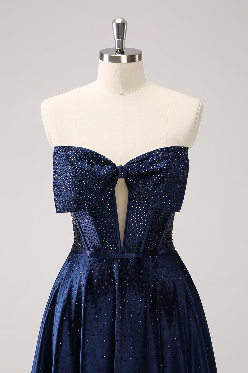 Sparkly Navy Beaded Corset Strapless Short Homecoming Dress With Bow