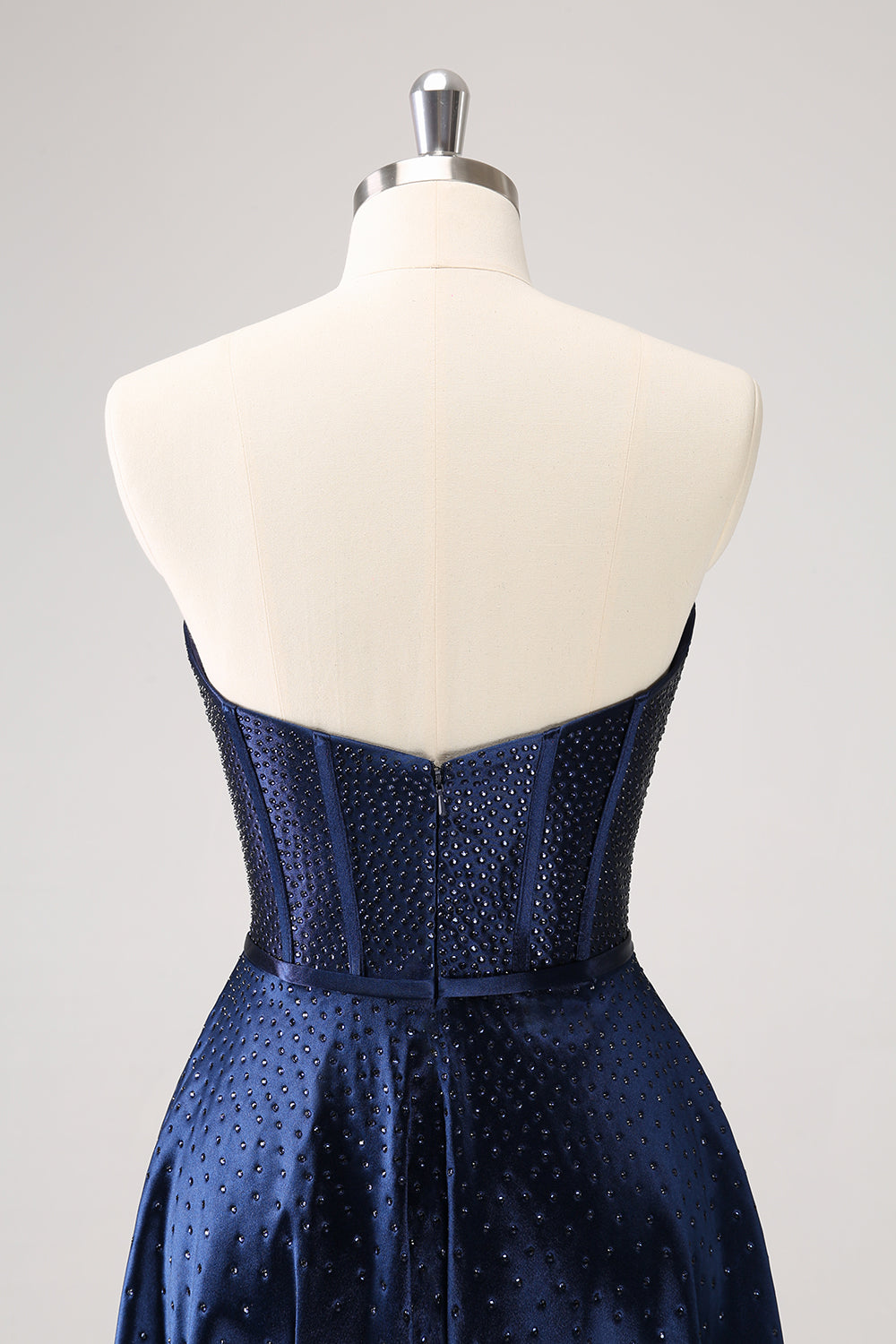 Sparkly Navy Beaded Corset Strapless Short Homecoming Dress With Bow