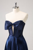 Sparkly Navy Beaded Corset Strapless Short Homecoming Dress With Bow