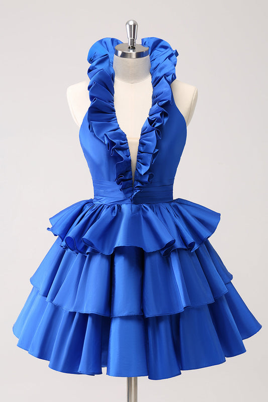 Royal Blue A-Line Halter Tiered Short Homecoming Dress with Ruffles