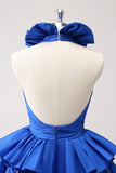 Royal Blue A-Line Halter Tiered Short Homecoming Dress with Ruffles