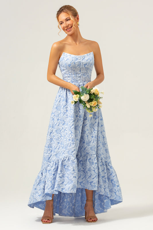 Blue Floral Strapless Coret High Low Bridesmaid Dress