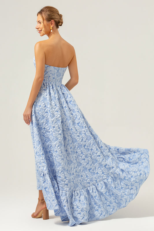 Blue Floral Strapless Coret High Low Bridesmaid Dress