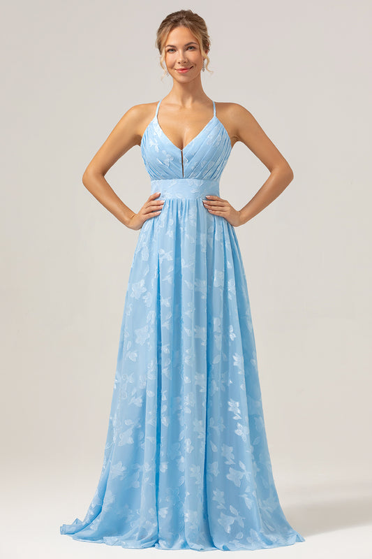 Sparkly Light Blue V-Neck Floral Pleated Bridesmaid Dress