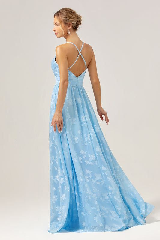 Sparkly Light Blue V-Neck Floral Pleated Bridesmaid Dress