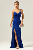 Sparkly Dark Blue Mermaid Twist Front Bridesmaid Dress with Slit