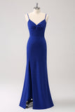 Dark Blue Sparkly Twist Front Mermaid Wedding Guest Dress with Slit