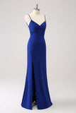 Dark Blue Sparkly Twist Front Mermaid Wedding Guest Dress with Slit