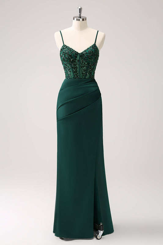 Dark Green Mermaid Spaghetti Straps Satin Long Prom Dress with Slit