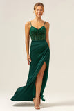 Dark Green Mermaid Spaghetti Straps Corset Satin Long Prom Dress with Slit