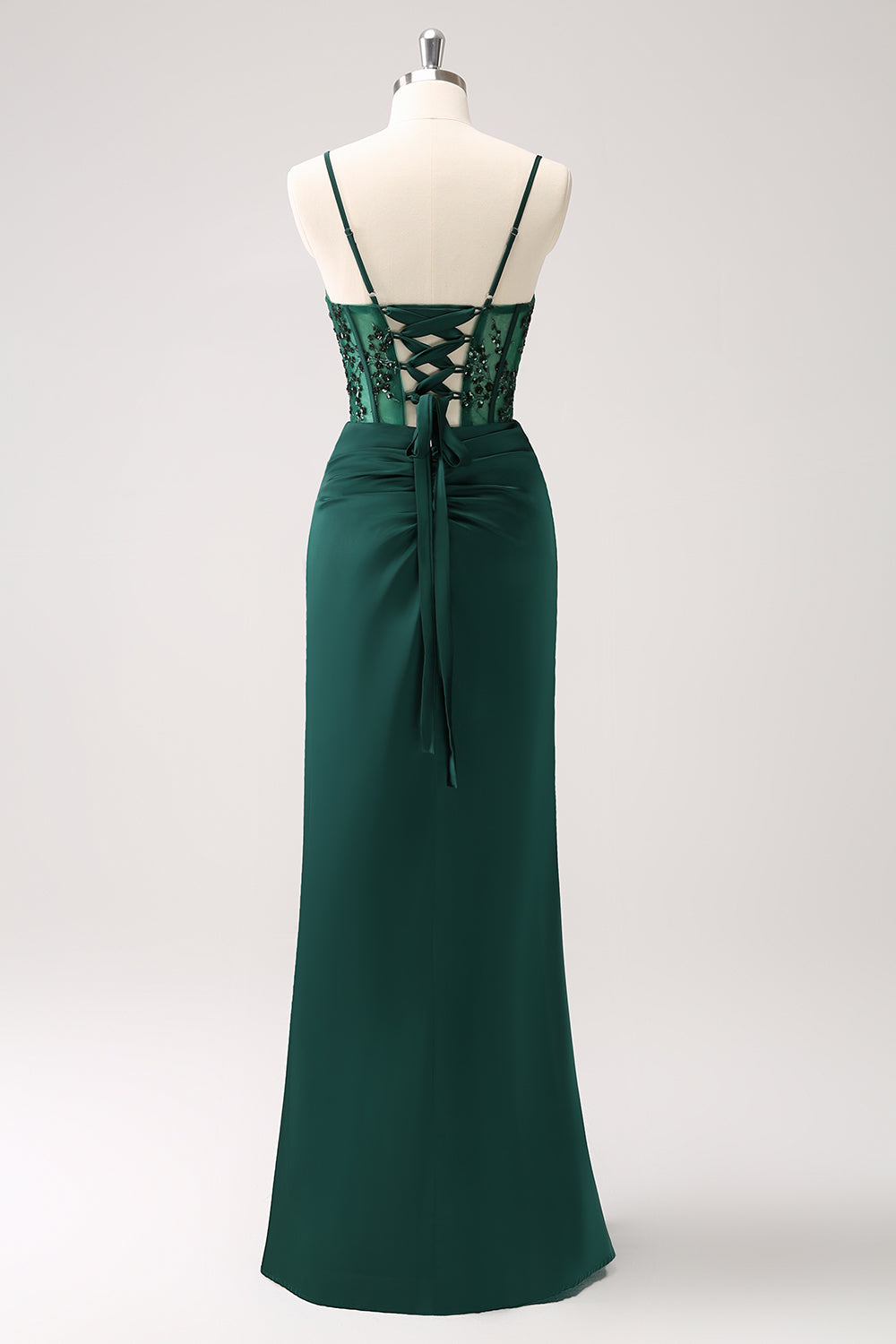 Dark Green Mermaid Spaghetti Straps Satin Long Prom Dress with Slit