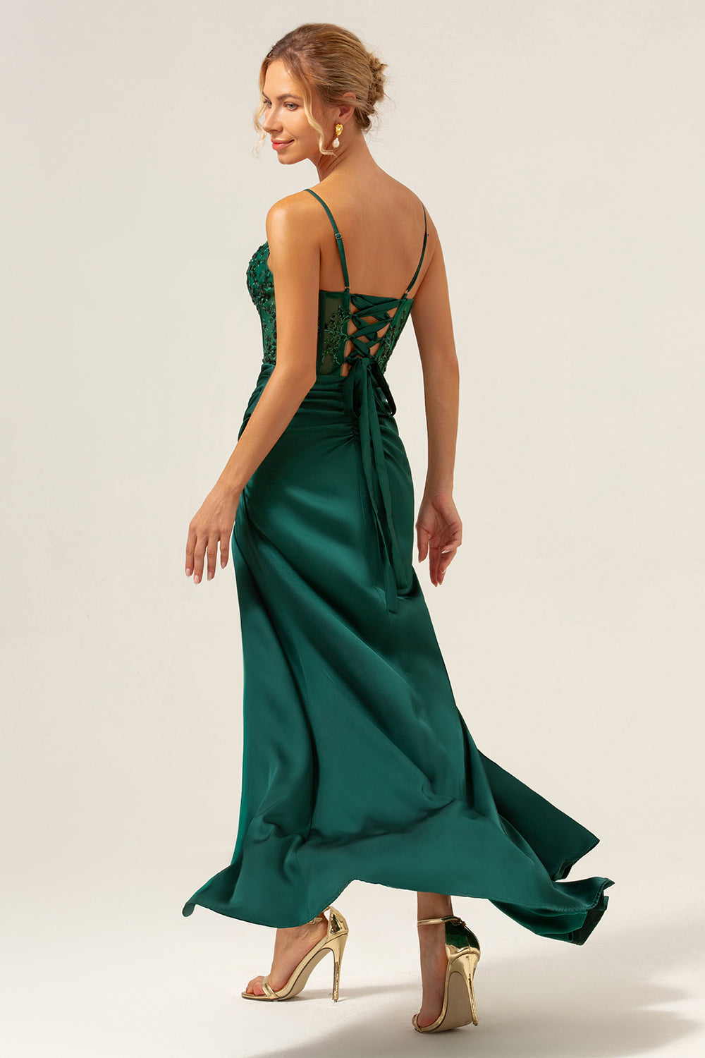 Dark Green Mermaid Spaghetti Straps Corset Satin Long Prom Dress with Slit