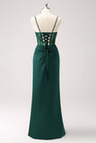 Dark Green Mermaid Spaghetti Straps Satin Long Prom Dress with Slit