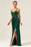 Dark Green Mermaid Spaghetti Straps Corset Satin Long Prom Dress with Slit