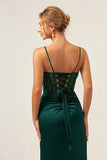 Dark Green Mermaid Spaghetti Straps Corset Satin Long Prom Dress with Slit