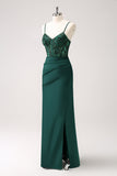 Dark Green Mermaid Spaghetti Straps Satin Long Prom Dress with Slit