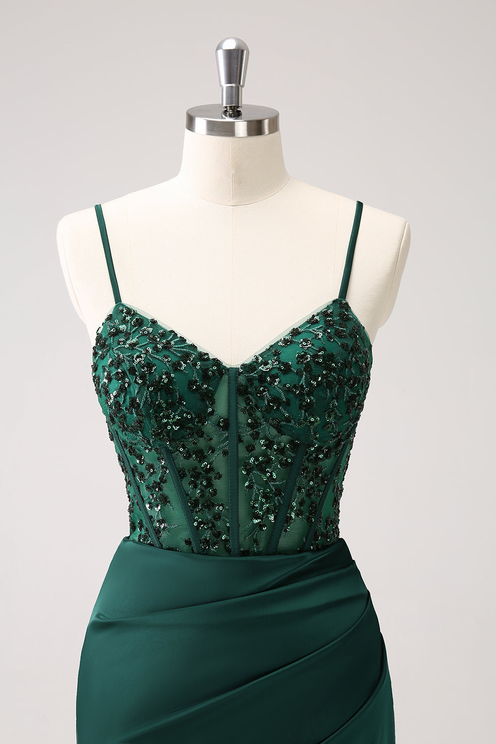 Dark Green Mermaid Spaghetti Straps Satin Long Prom Dress with Slit