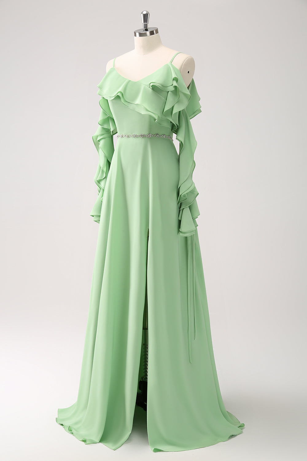 Light Green Cold Shoulder A-Line Chiffon Long Bridesmaid Dress with Ruffles