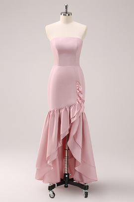 Pink Strapless Asymmetrical Ruffled Bridesmaid Dress