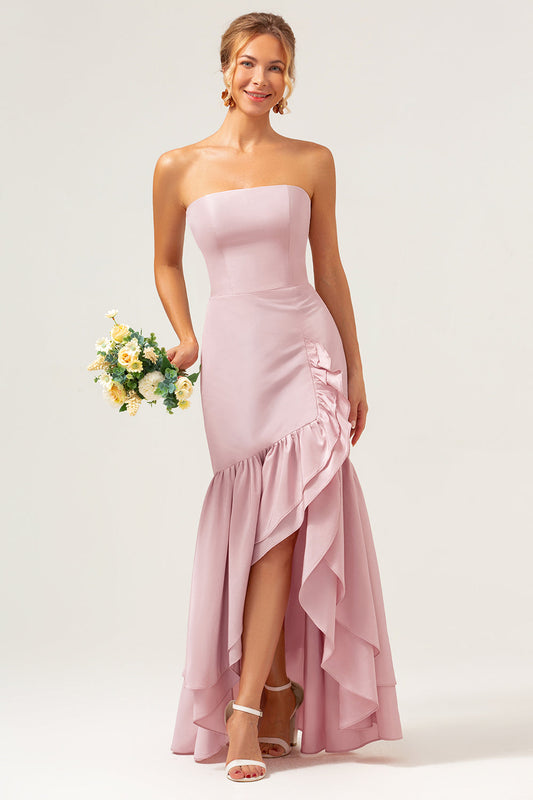 Pink Sheath Strapless Asymmetrical Ruffled Bridesmaid Dress