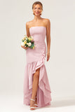 Pink Sheath Strapless Asymmetrical Ruffled Bridesmaid Dress