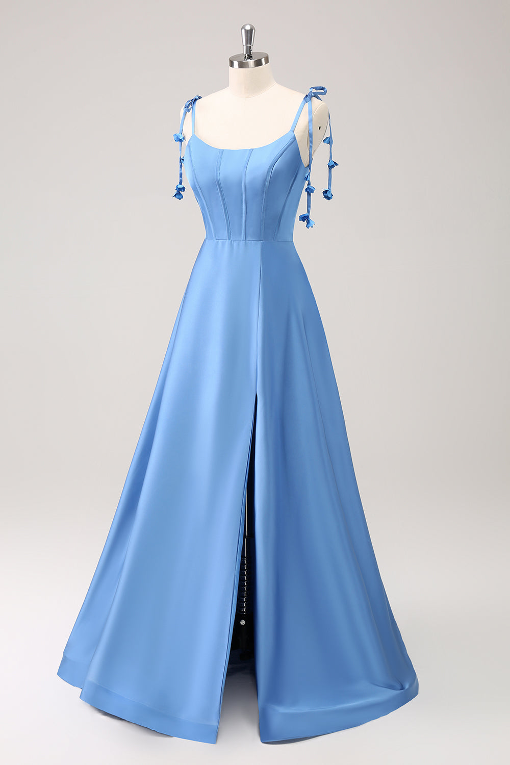 Blue A Line Spaghetti Straps Satin Floor Length Bridesmaid Dress with Slit