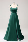 Blue A Line Spaghetti Straps Satin Floor Length Bridesmaid Dress with Slit