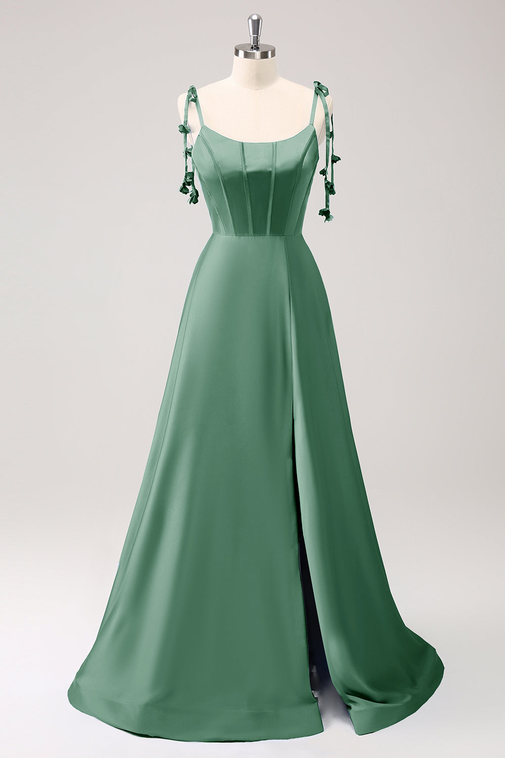 Eucalyptus A Line Spaghetti Straps Satin Floor Length Dress with Slit