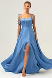 Blue A Line Spaghetti Straps Corset Satin Long Bridesmaid Dress with Slit