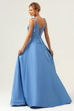 Blue A Line Spaghetti Straps Corset Satin Long Bridesmaid Dress with Slit