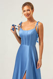 Blue A Line Spaghetti Straps Corset Satin Long Bridesmaid Dress with Slit